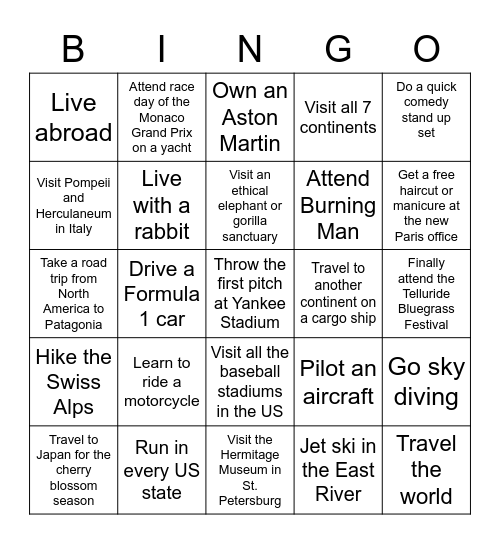 Bucket list bingo Card