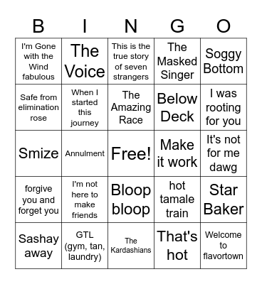 Reality TV Bingo Card