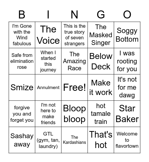 Reality TV Bingo Card