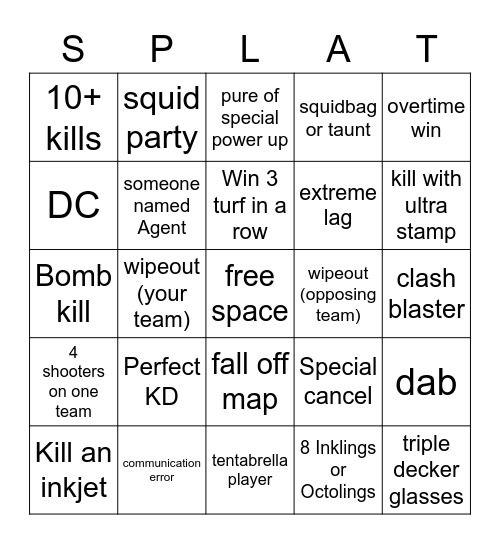 Splatoon 3 Solo Queue Bingo Card