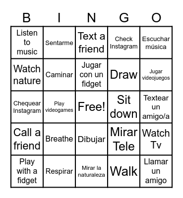 Aburrido / Ansioso Vocab Bingo Card