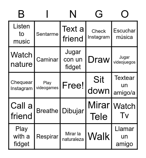 Aburrido / Ansioso Vocab Bingo Card