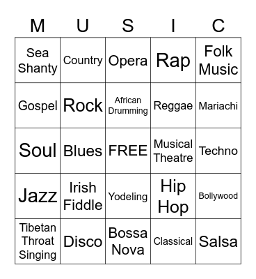 Music Genres Bingo Card