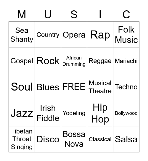 Music Genres Bingo Card