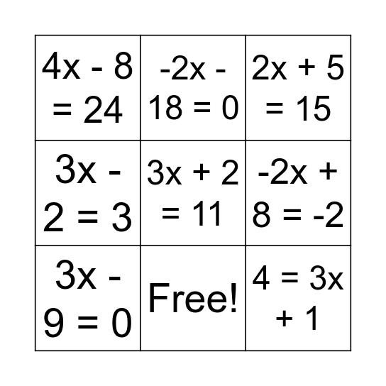 Bingo das Equações Bingo Card