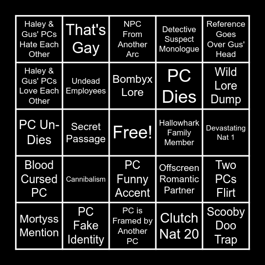 Daggers Out Bingo Card