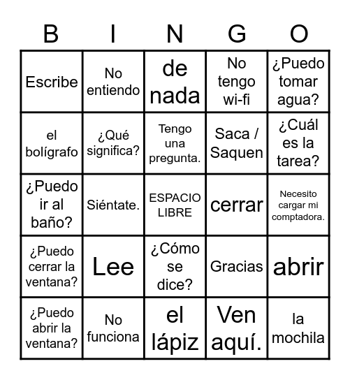 Expresiones Útiles en la clase de español Bingo Card