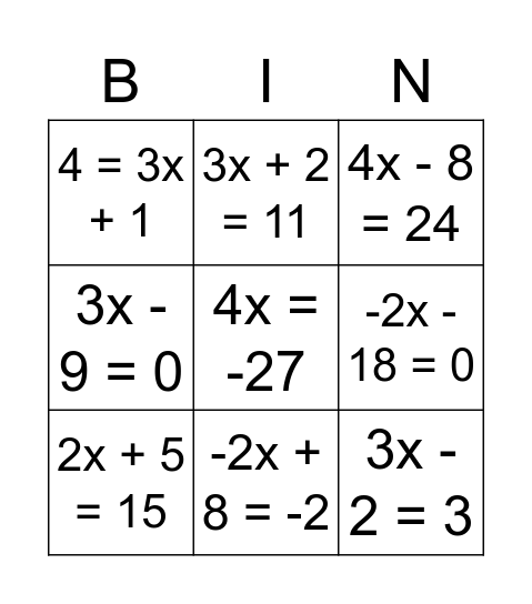 BINGO DAS EQUAÇÕES Bingo Card