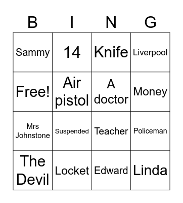 Blood Brothers Bingo Card