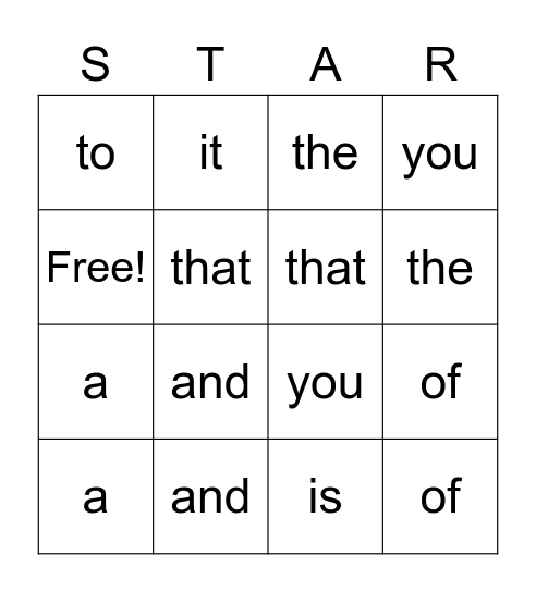 Word List 1 Bingo Card