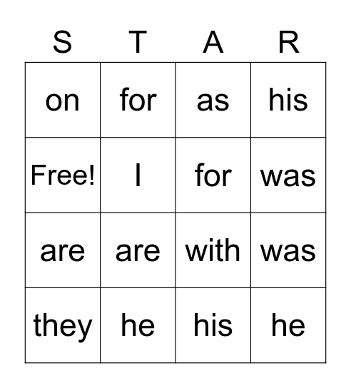 Word List 2 Bingo Card