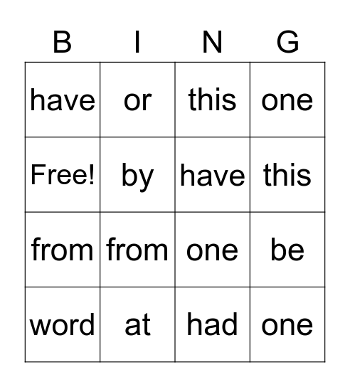 Word List 3 Bingo Card