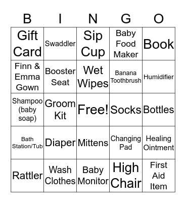 Audrey's Baby Gift Bingo Card