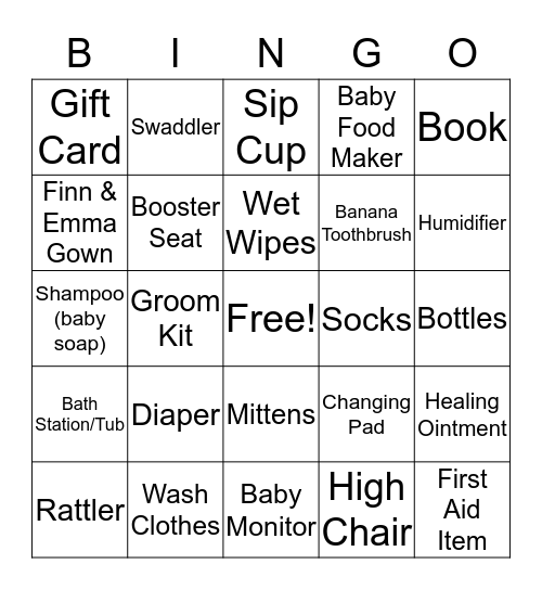 Audrey's Baby Gift Bingo Card