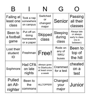 College Bingo Card