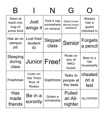 College Bingo Card