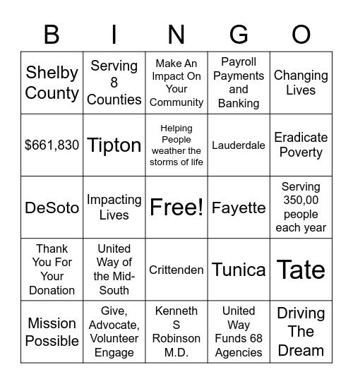 United Way - Mission Possible Bingo Card