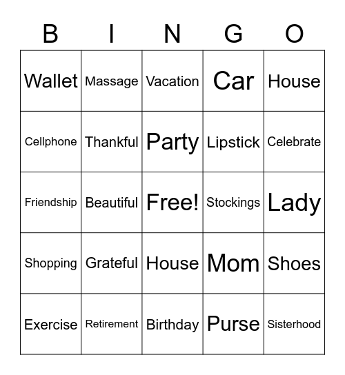 Ladies Bingo Card