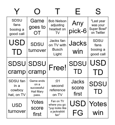 Yotes vs Jacks Bingo Card