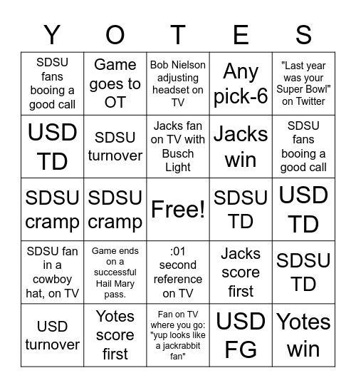 Yotes vs Jacks Bingo Card