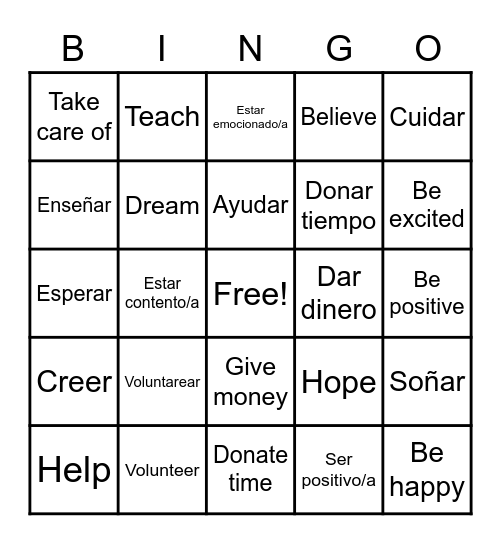 Generoso/a - Optimista Vocab Bingo Card