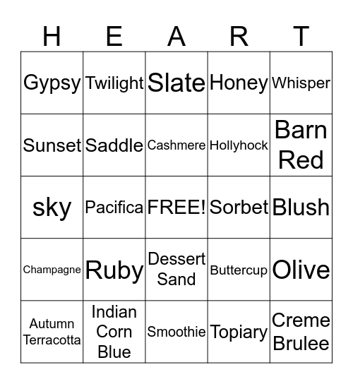 Ink Color Bingo Card