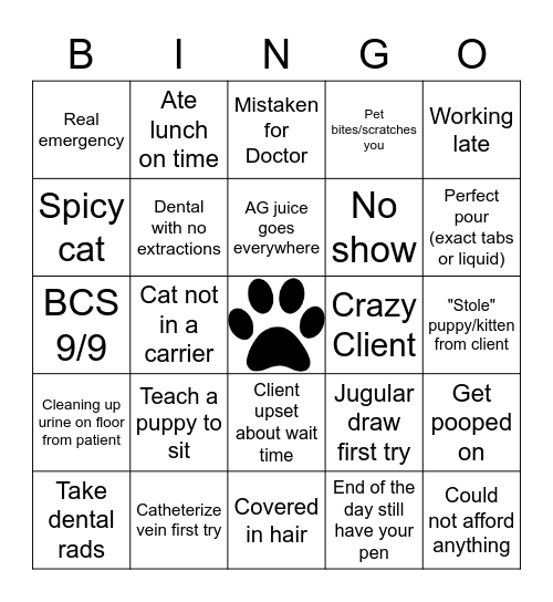 Vet Tech Bingo Card