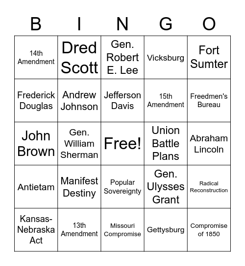 Civil War Bingo Card