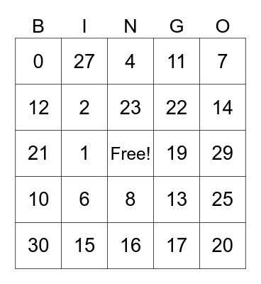 Numeros 1-30 Bingo Card
