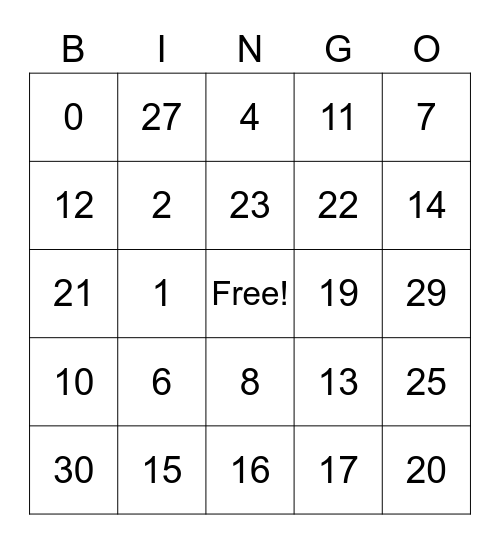 Numeros 1-30 Bingo Card