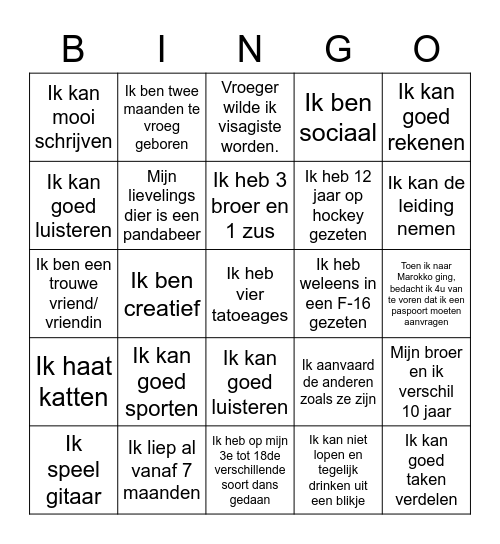 Onze talenten Bingo Card