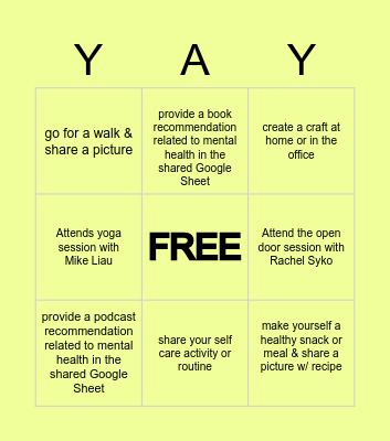 MENTAL HEALTH DAY BINGO Card