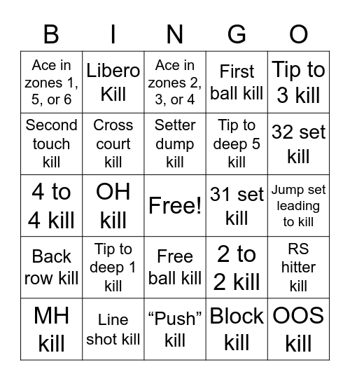 Volleyball Bingo Card