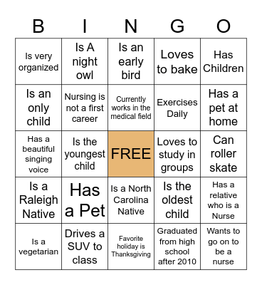 CNA Student Bingo Card