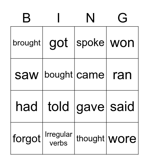 Irregular verbs Bingo Card