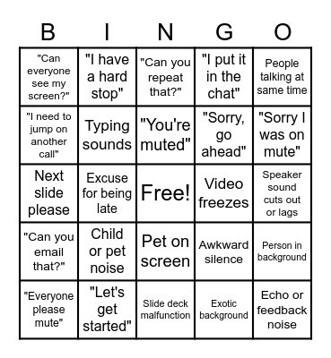 Zoom Conference Call Bingo Card