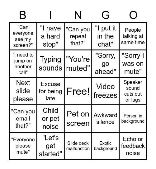 Zoom Conference Call Bingo Card