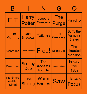 Halloween Movie Bingo Card