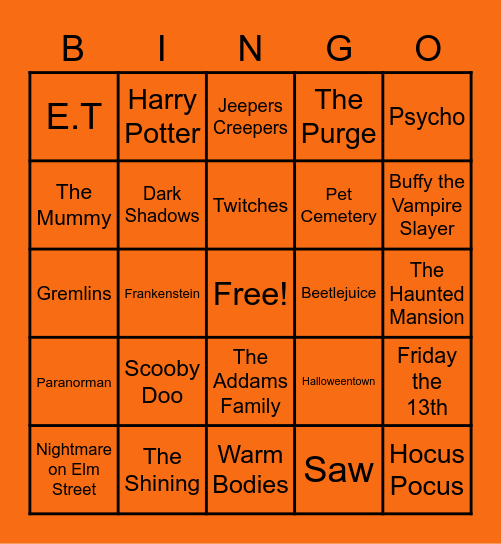 Halloween Movie Bingo Card