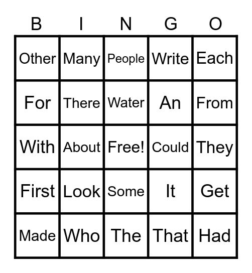 Sight Word Bingo Card