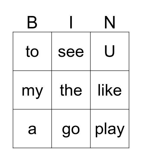 Sight Words Bingo Card