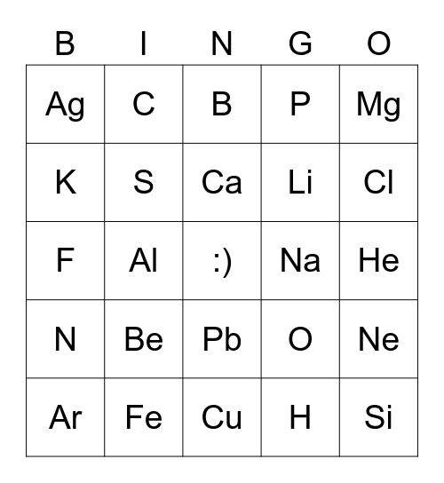 Periodic Table Bingo Card