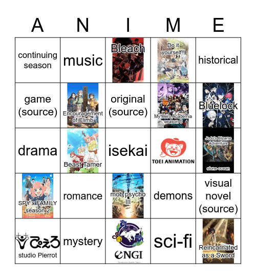 Fall 2022 Anime Bingo Card