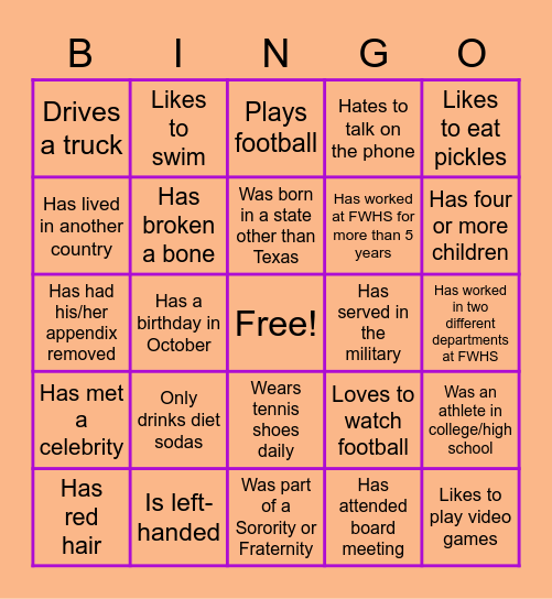 FWHS: Find Someone Who... Bingo Card