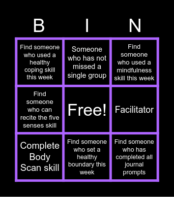 Recovery and Healing Bingo Card
