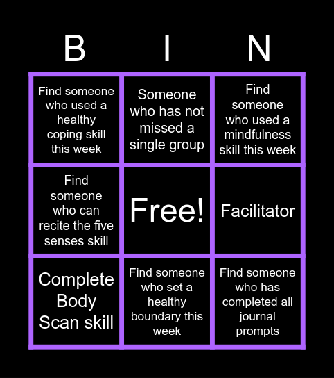 Recovery and Healing Bingo Card