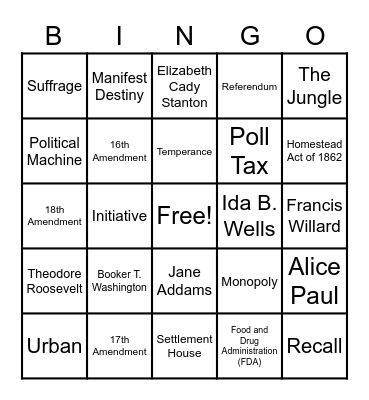 Progressive Era Bingo Card