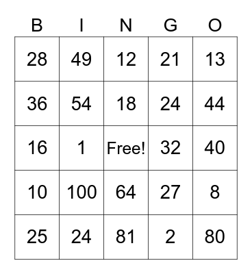 Multiplication BINGO Card