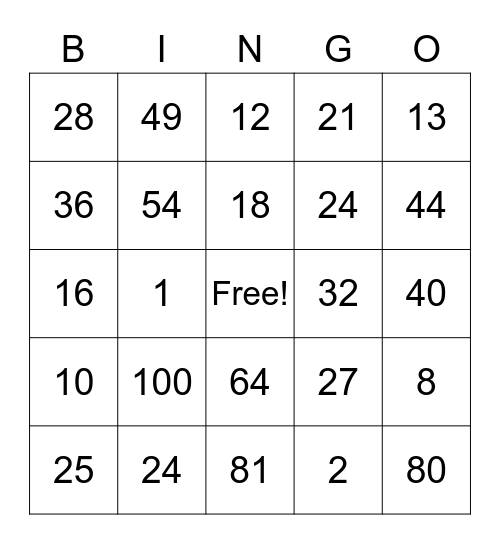 Multiplication BINGO Card