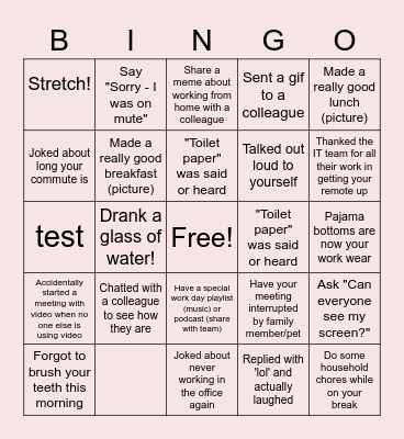 Remote Work Bingo Card